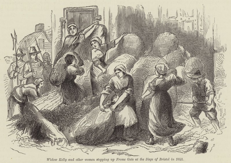 Viuda Kelly y otras mujeres bloqueando Frome Gate en el Asedio de Bristol en 1643 de English School