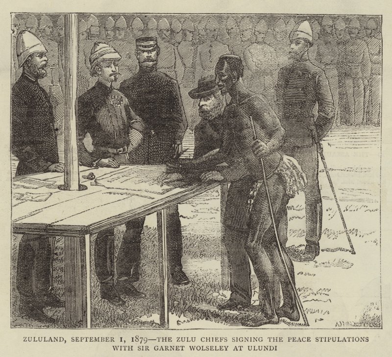 Zululandia, 1 de septiembre de 1879, los jefes zulúes firmando las estipulaciones de paz con Sir Garnet Wolseley en Ulundi de English School