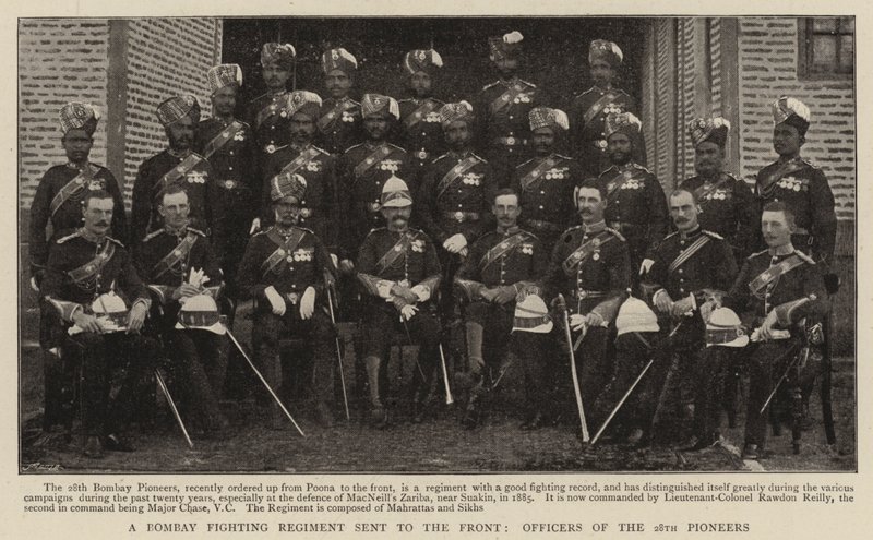 Un Regimiento de Combate de Bombay enviado al Frente, Oficiales de los 28 Pioneros de English Photographer
