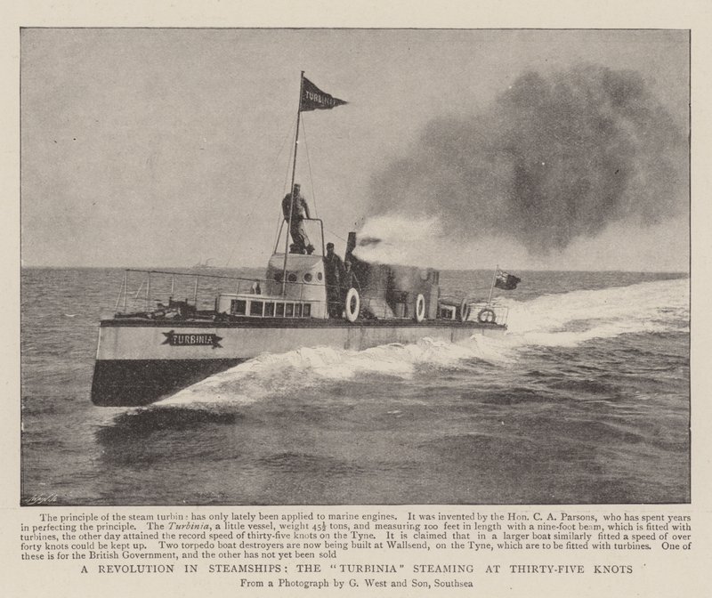 Una revolución en los barcos de vapor, el Turbinia navegando a treinta y cinco nudos de English Photographer