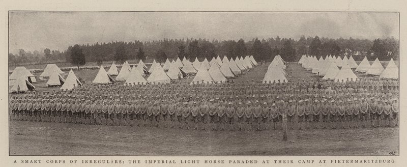 Un Cuerpo Inteligente de Irregulares, el Caballo Ligero Imperial desfilando en su Campamento en Pietermaritzburg de English Photographer
