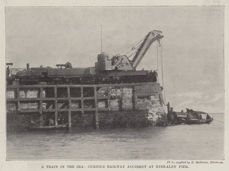 Un tren en el mar, curioso accidente ferroviario en el muelle de Kirkaldy de English Photographer