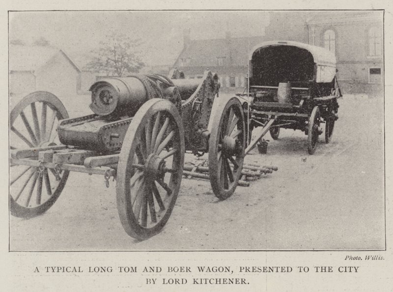 Un típico Long Tom y carro boer, presentado a la ciudad por Lord Kitchener de English Photographer