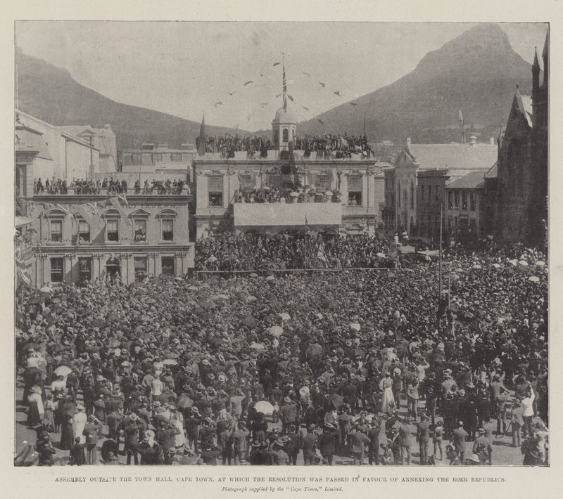 Asamblea fuera del Ayuntamiento de Ciudad del Cabo, en la que se aprobó la Resolución a Favor de Anexar las Repúblicas Bóer de English Photographer