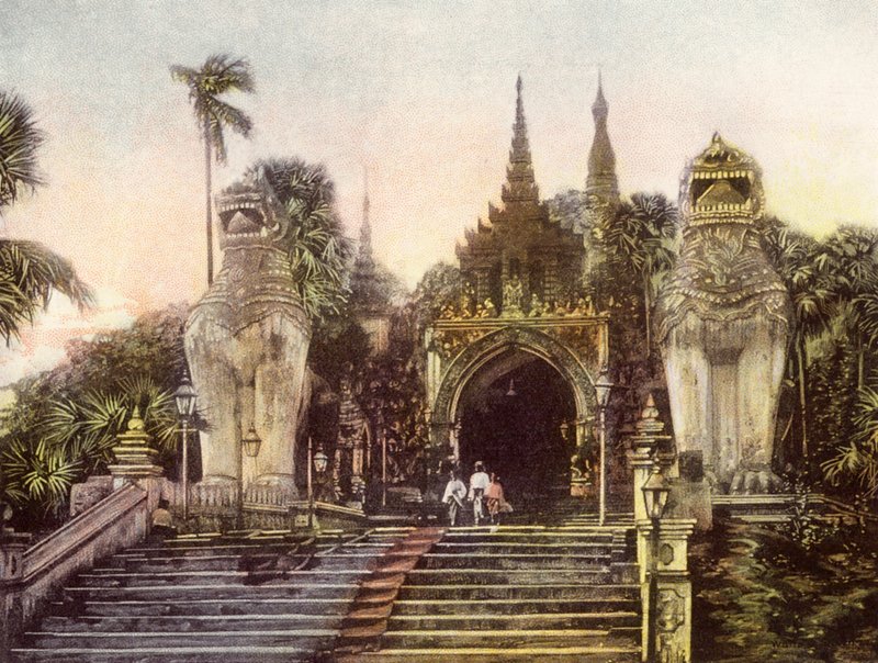 Birmania / Myanmar: Antigua entrada a la pagoda de Shwe Dagon (foto en color) de English Photographer