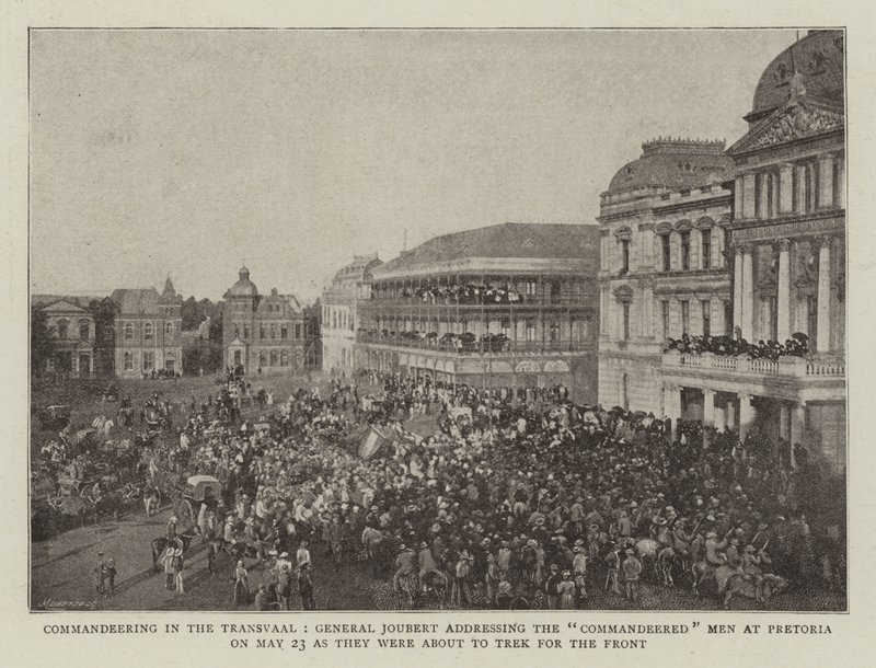 Requisando en el Transvaal, el General Joubert dirigiéndose a los Hombres Requisados en Pretoria el 23 de Mayo antes de Marchar al Frente de English Photographer