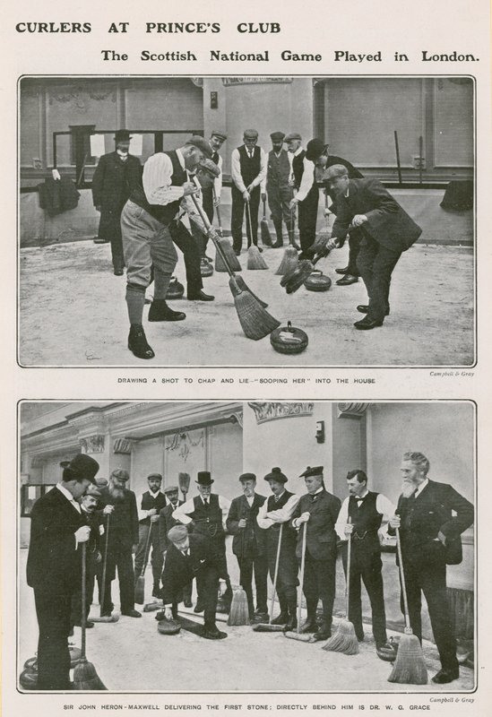 Jugadores de curling en el Princes Club, el juego nacional escocés en Londres de English Photographer