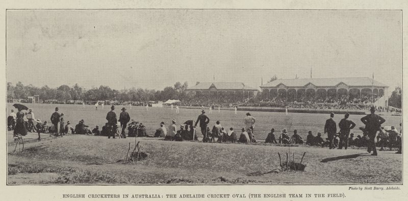 Jugadores de críquet ingleses en Australia, el Oval de Críquet de Adelaida, el equipo inglés en el campo de English Photographer