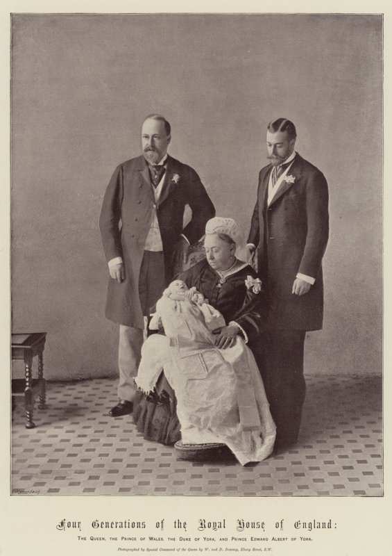 Cuatro generaciones de la Casa Real de Inglaterra, la reina, el príncipe de Gales, el duque de York y el príncipe Eduardo Alberto de York de English Photographer