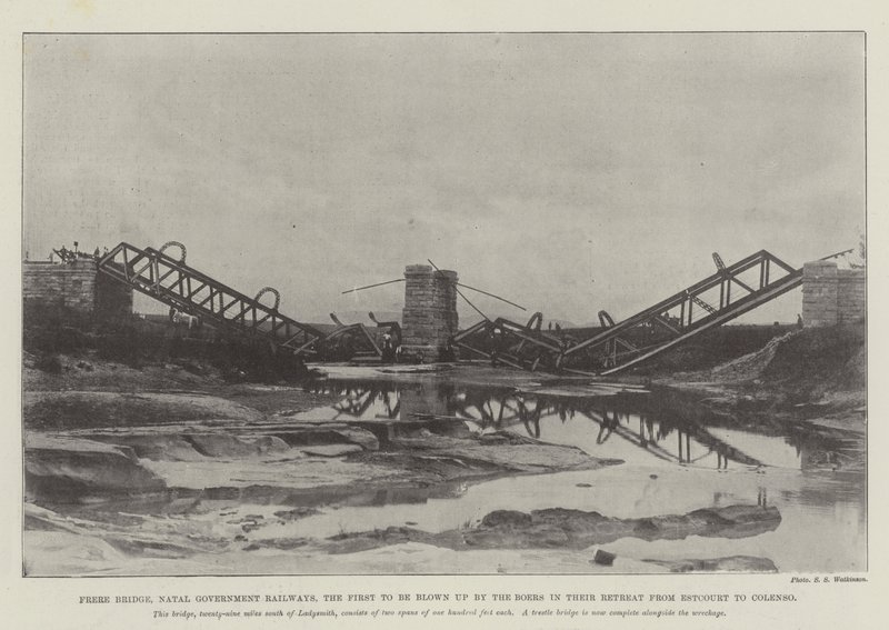Puente Frere, Ferrocarriles del Gobierno de Natal, el primero en ser volado por los bóers en su retirada de Estcourt a Colenso de English Photographer