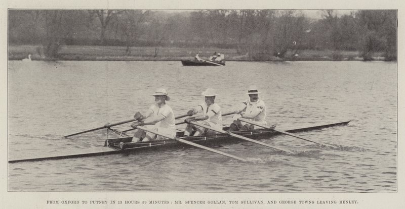 De Oxford a Putney en 13 horas y 59 minutos, el Sr. Spencer Gollan, Tom Sullivan y George Towns saliendo de Henley de English Photographer