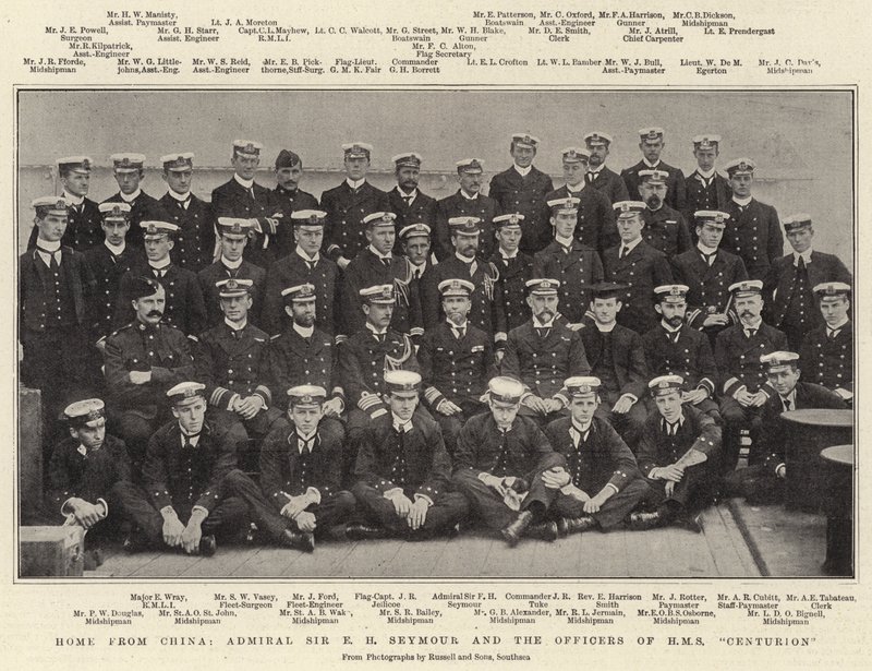 De regreso de China, el almirante Sir E H Seymour y los oficiales del HMS Centurion de English Photographer