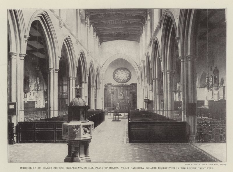 Interior de la Iglesia de St. Giles, Cripplegate, Lugar de Entierro de Milton, que escapó por poco de la Destrucción en el Reciente Gran Incendio de English Photographer