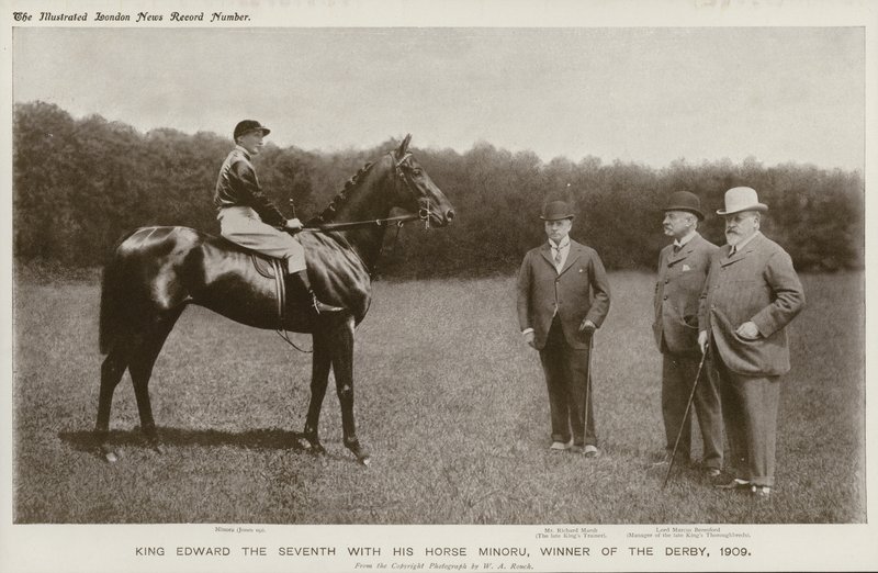 Rey Eduardo VII con su caballo, Minoru, ganador del Derby de English Photographer
