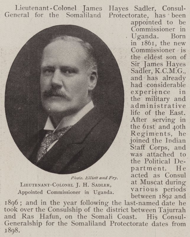 Teniente Coronel J H Sadler, nombrado Comisionado en Uganda de English Photographer