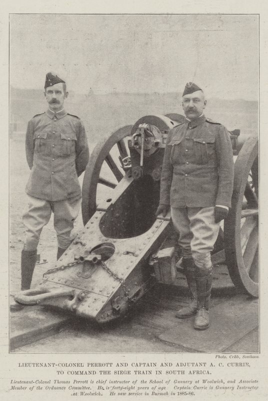 El teniente coronel Perrott y el capitán y ayudante A. C. Currie, para comandar el tren de asedio en Sudáfrica de English Photographer