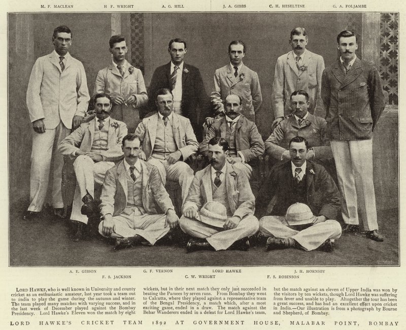 El equipo de cricket de Lord Hawke en 1892 en la Casa de Gobierno, Malabar Point, Bombay de English Photographer
