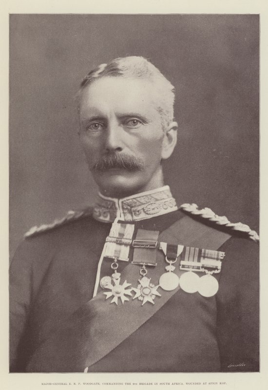 Mayor General E R P Woodgate, comandando la 9ª Brigada en Sudáfrica, herido en Spion Kop de English Photographer