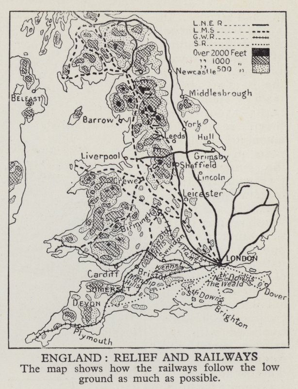 Mapa que muestra cómo los ferrocarriles en Inglaterra siguen el terreno bajo tanto como sea posible de English Photographer