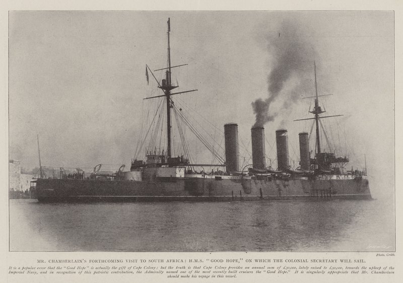 La próxima visita del Sr. Chamberlain a Sudáfrica, HMS Good Hope, en la que navegará el Secretario Colonial de English Photographer