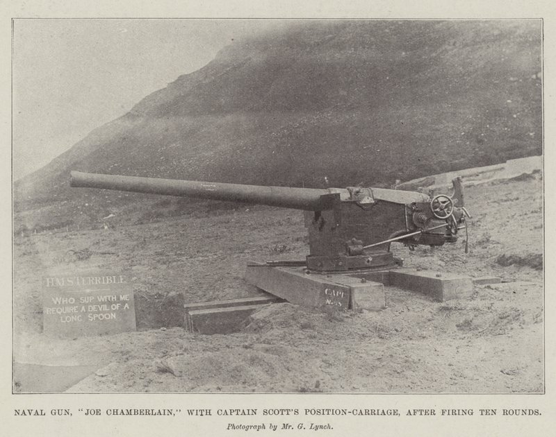 Cañón Naval, Joe Chamberlain, con el Carro de Posición del Capitán Scott, después de disparar Diez Rondas de English Photographer