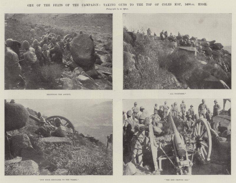 Una de las Hazañas de la Campaña, llevando Cañones a la Cima de Coles Kop, 1400 pies de Altura de English Photographer