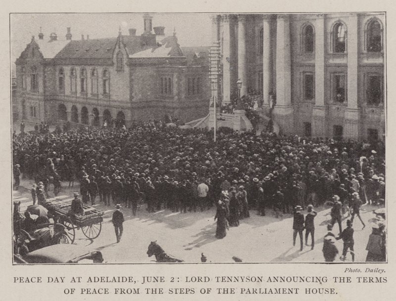 El Día de la Paz en Adelaide, 2 de junio, Lord Tennyson anunciando los términos de la paz desde los escalones del Parlamento de English Photographer