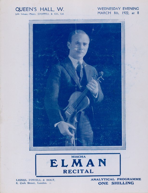 Programa para el recital de Mischa Elman, Queens Hall, el 8 de marzo de 1922 de English Photographer