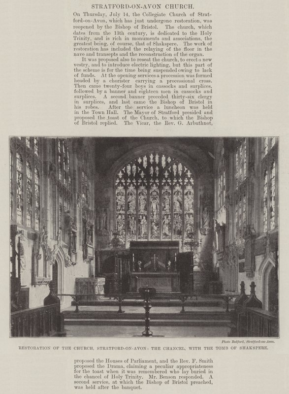 Restauración de la iglesia, Stratford-on-Avon, el presbiterio, con la tumba de Shakespeare de English Photographer