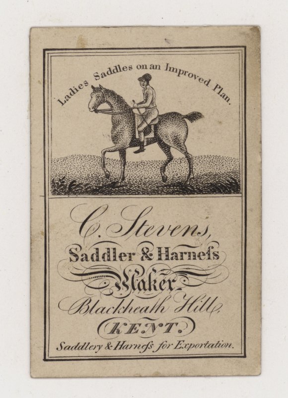 Tarjeta comercial de C Stevens, guarnicionero y talabartero de English Photographer