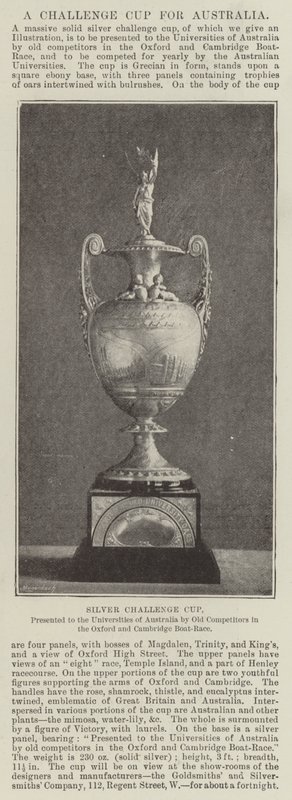 Copa de desafío de plata, presentada a las universidades de Australia por antiguos competidores en la regata Oxford y Cambridge de English Photographer
