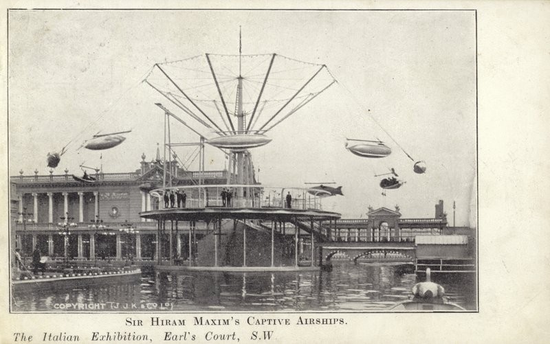 Dirigibles cautivos de Sir Hiram Maxim en la Exposición Italiana, que tuvo lugar en 1904 en Earls Court en Londres de English Photographer
