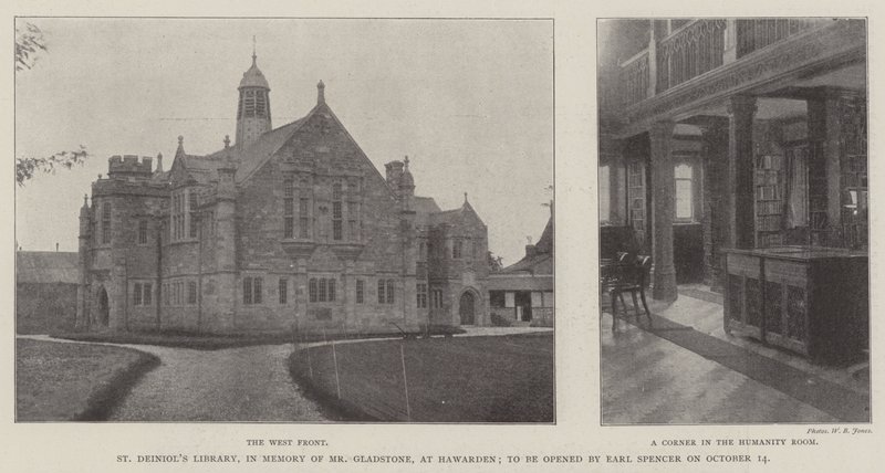 Biblioteca St Deiniol, en memoria del Sr. Gladstone, en Hawarden, a ser inaugurada por el conde Spencer el 14 de octubre de English Photographer