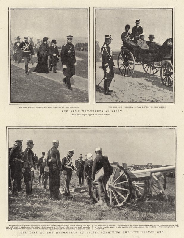 Las maniobras del ejército en Vitry, el zar en las maniobras en Vitry, examinando el nuevo cañón francés de English Photographer