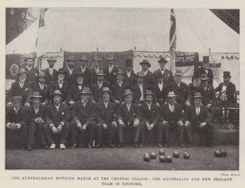 El partido de bolos australasiano en el Crystal Palace, el equipo de Australia y Nueva Zelanda en uniforme de English Photographer
