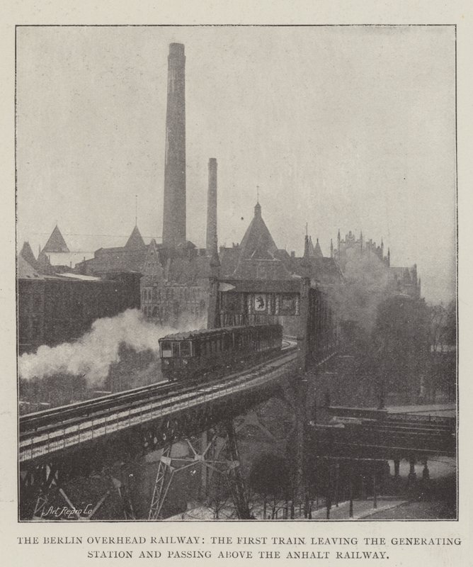 El Ferrocarril Elevado de Berlín, el Primer Tren saliendo de la Estación Generadora y pasando sobre el Ferrocarril de Anhalt de English Photographer