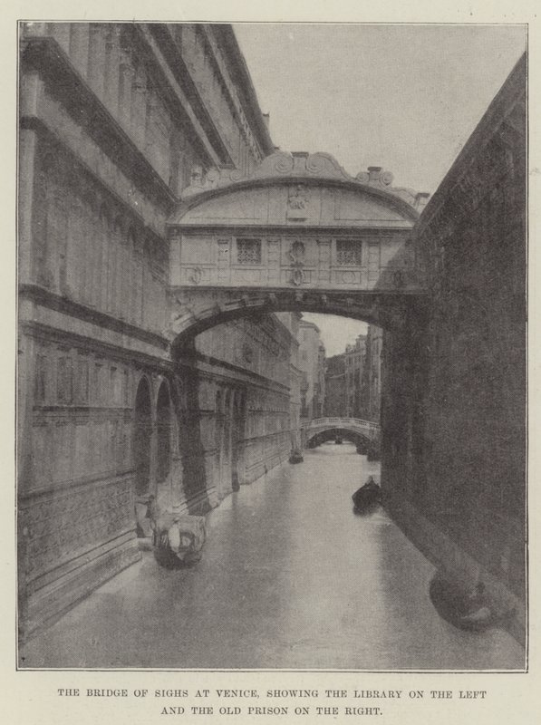 El Puente de los Suspiros en Venecia, mostrando la Biblioteca a la izquierda y la Antigua Prisión a la derecha de English Photographer