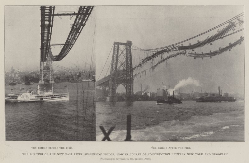 El incendio del nuevo puente colgante del East River, ahora en construcción entre Nueva York y Brooklyn de English Photographer