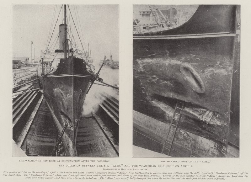 La colisión entre el SS Alma y el Cambrian Princess el 1 de abril de English Photographer