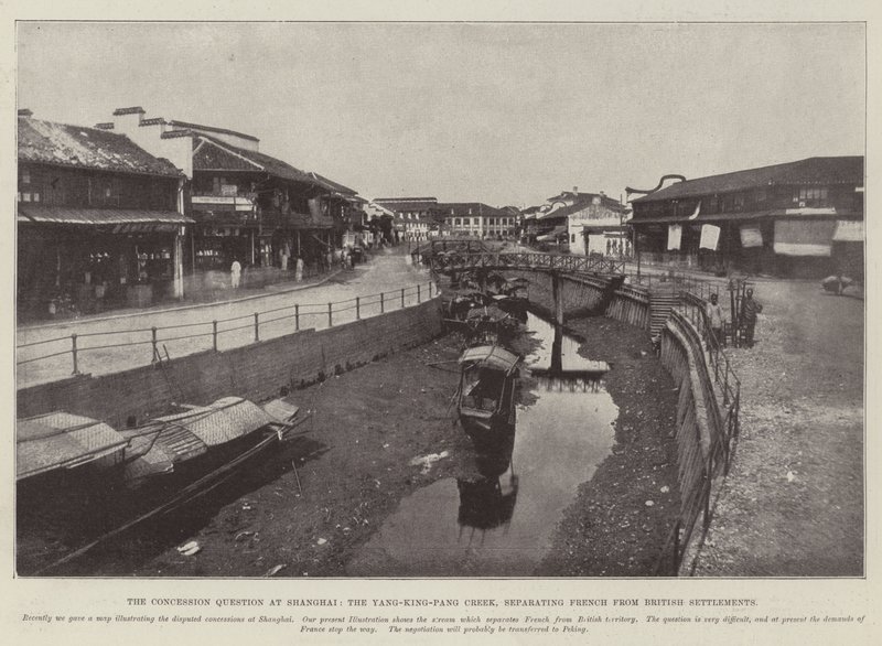 La cuestión de la concesión en Shanghái, el arroyo Yang-King-Pang, que separa los asentamientos franceses de los británicos de English Photographer