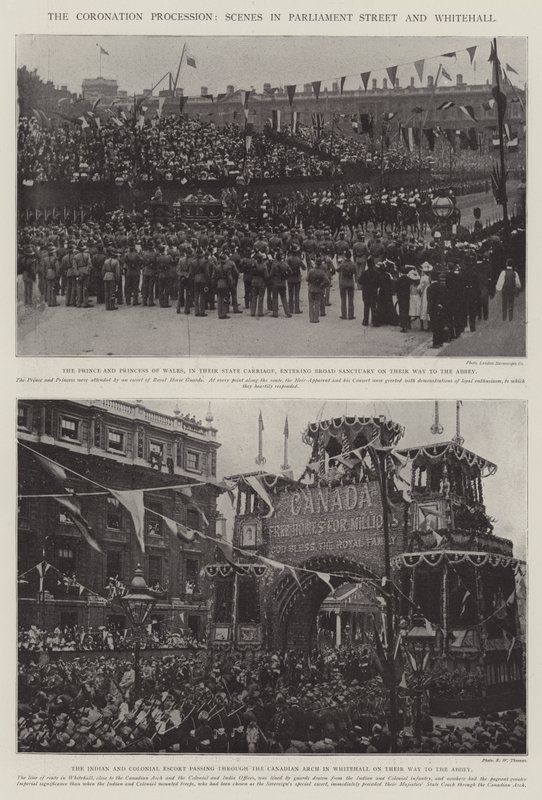 La procesión de coronación, escenas en Parliament Street y Whitehall de English Photographer
