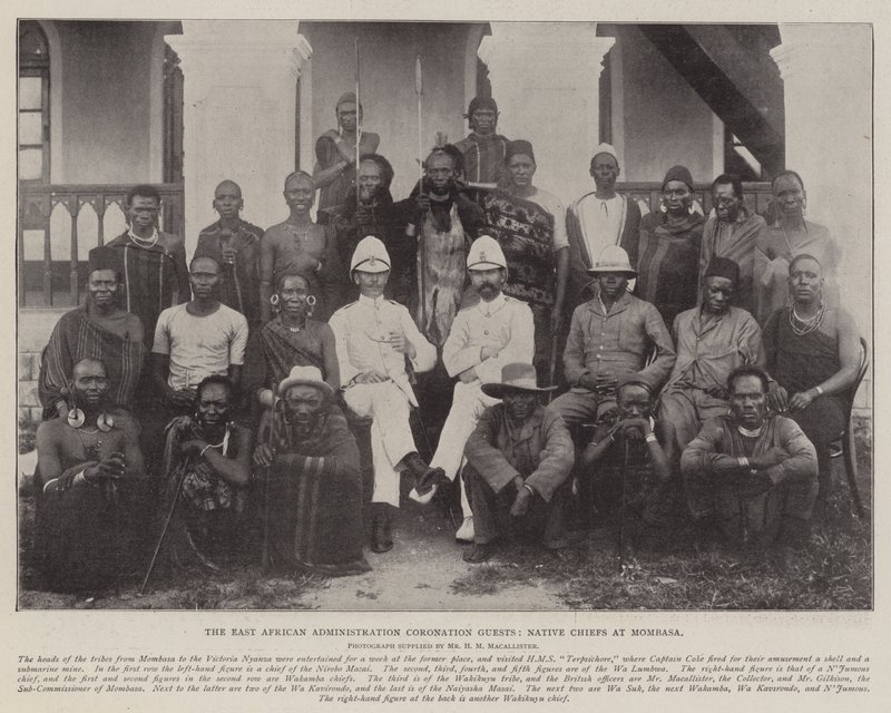Los invitados de la coronación de la administración del este de América, jefes nativos en Mombasa de English Photographer