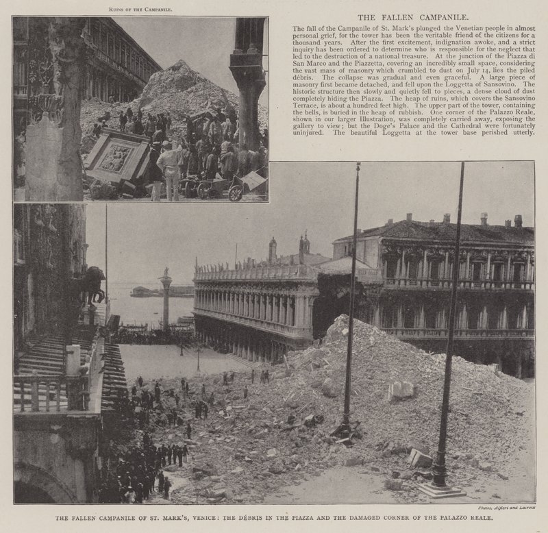 El campanario caído de San Marcos, Venecia, los escombros en la Piazza y la esquina dañada del Palazzo Reale de English Photographer