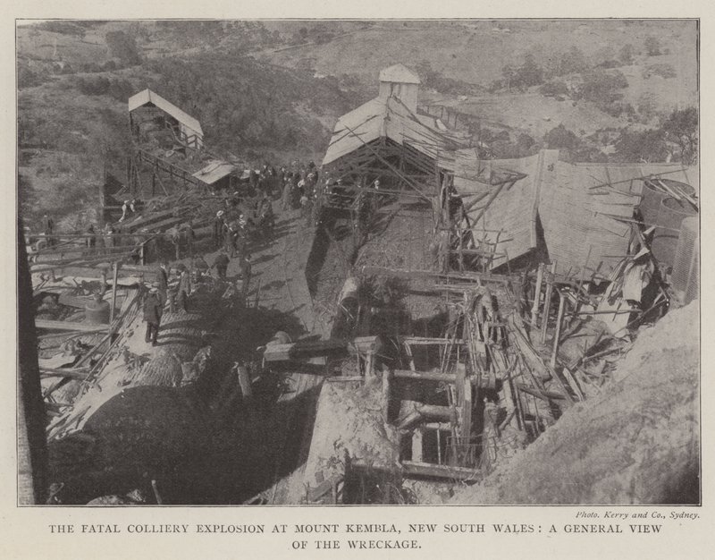 La explosión fatal en la mina de Mount Kembla, Nueva Gales del Sur, una vista general de los escombros de English Photographer