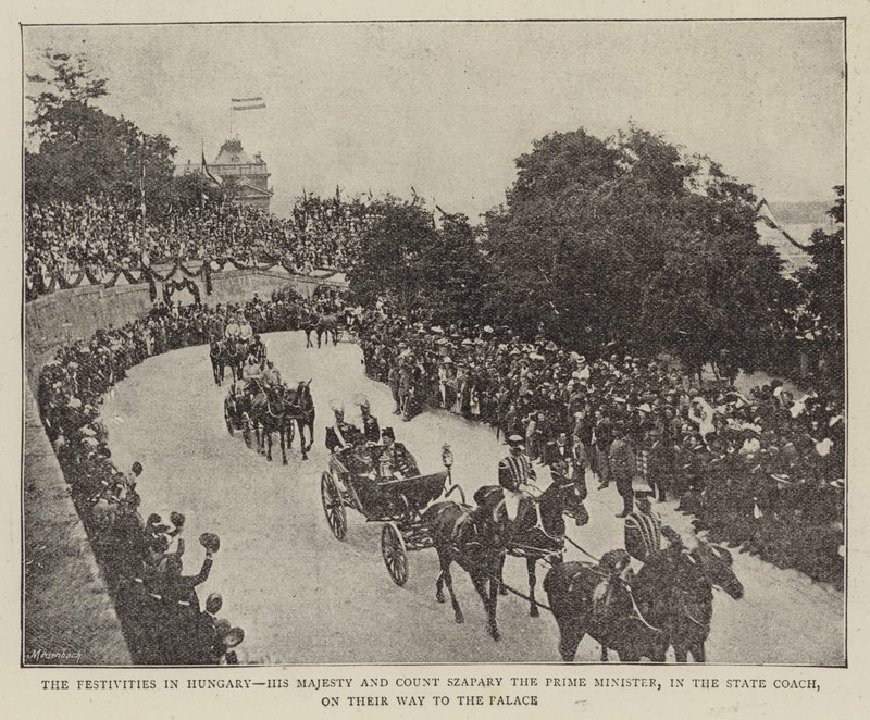 Las festividades en Hungría, Su Majestad y el Conde Szapary el Primer Ministro, en el coche de estado, camino al palacio de English Photographer