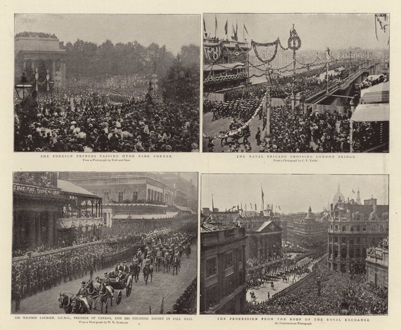 Los príncipes extranjeros pasando por Hyde Park Corner, Sir Wilfrid Laurier, GCMG, Primer Ministro de Canadá, y la escolta colonial en Pall Mall, la Brigada Naval cruzando el Puente de Londres, la procesión desde el techo del de English Photographer