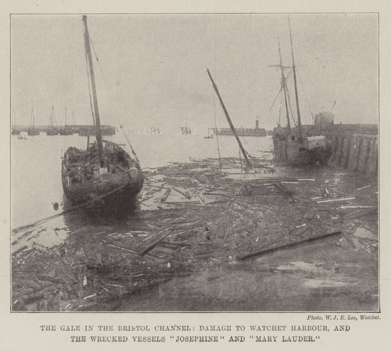 El vendaval en el canal de Bristol, daños en el puerto de Watchet y los barcos naufragados Josephine y Mary Lauder de English Photographer