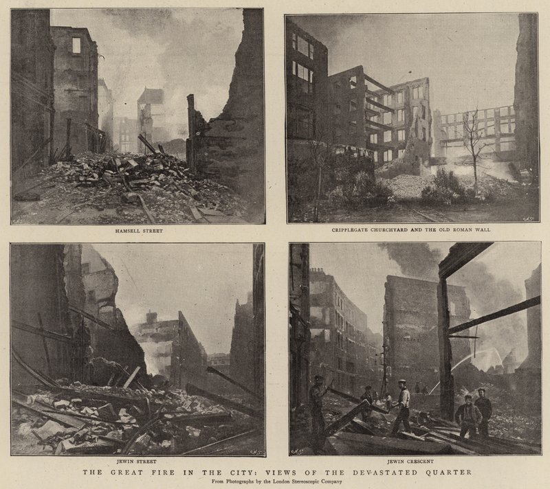 El gran incendio en la ciudad, vistas del barrio devastado de English Photographer