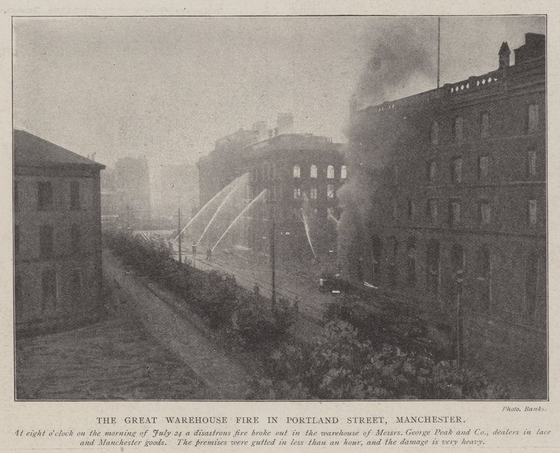 El gran incendio del almacén en Portland Street, Manchester de English Photographer