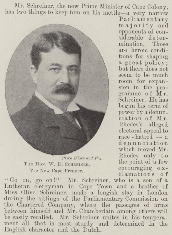 El honorable W D Schreiner, el nuevo primer ministro del Cabo de English Photographer